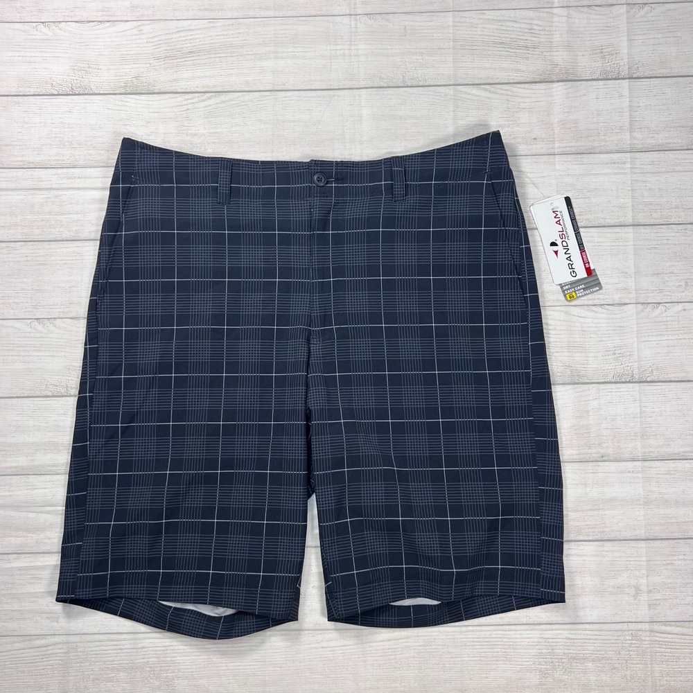 Grand Slam Golf Shorts Mens 34 Grey Grid Performance Stretch 360 UPF 50 NWT